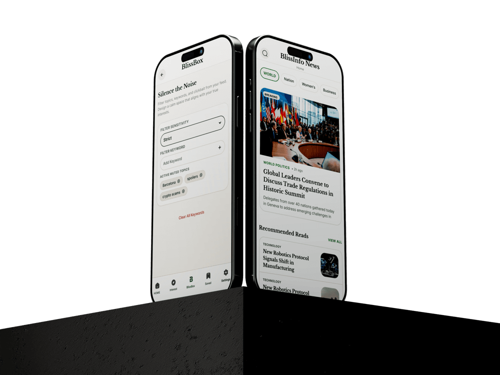 The BlissInfo News app shown on two phones